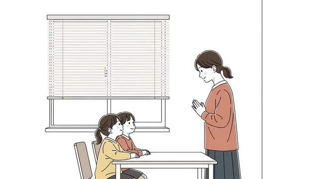 A caring mother speaks gently to her two young children sitting together at the dining table while sunlight streams through the window in a warm home atmosphere filled with love and kindness