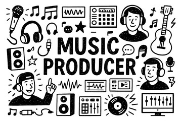 Music producer doodle with studio equipment, headphones, and sound wave icons, Transparent Background