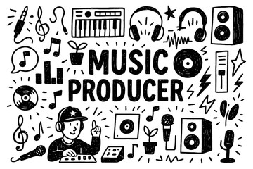 Music producer doodle with studio equipment, headphones, and sound wave icons, Transparent Background