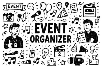 Event organizer doodle with planners, microphones, and celebration elements, Transparent Background