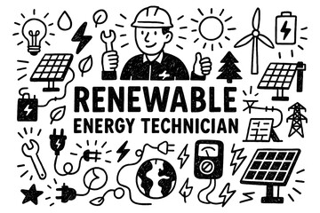 Renewable energy technician doodle with solar panels, wind turbines, and eco power symbols, Transparent Background