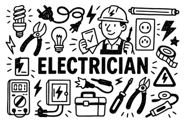 Electrician doodle with tools, light bulbs, cables, and electrical safety symbols, Transparent Background