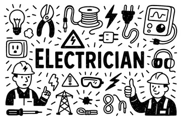 Electrician doodle with tools, light bulbs, cables, and electrical safety symbols, Transparent Background