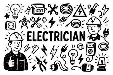 Electrician doodle with tools, light bulbs, cables, and electrical safety symbols, Transparent Background