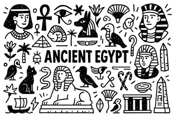 Ancient Egypt doodle with sphinx, pharaohs, gods, and hieroglyphic symbols, Transparent Background