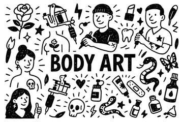Obraz premium Body art specialist doodle with tattoo artists, ink bottles, and creative tattoo symbols, Transparent Background