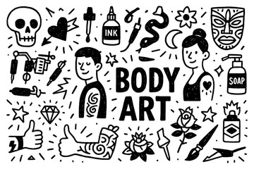 Body art specialist doodle with tattoo artists, ink bottles, and creative tattoo symbols, Transparent Background