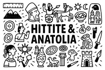 Ancient Hittite civilization doodle with warriors, temples, animals, and cultural symbols, Transparent Background