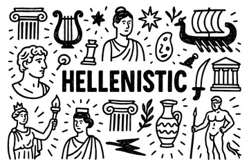 Hellenistic period doodle with Greek gods, philosophers, art, and classical architecture, Transparent Background