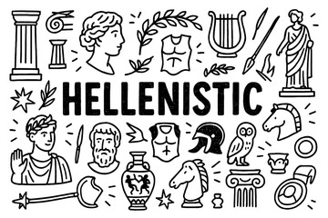 Hellenistic period doodle with Greek gods, philosophers, art, and classical architecture, Transparent Background