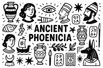 Phoenicia civilization doodle with ancient ships, people, artifacts, and cultural symbols, Transparent Background