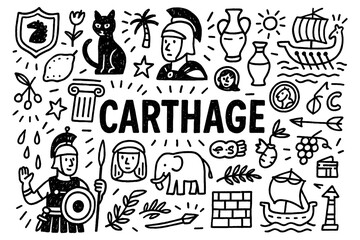 Carthage civilization doodle with ancient warriors, ships, architecture, and cultural symbols, Transparent Background