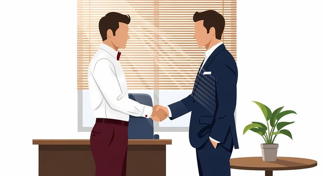 Two professional men in formal suits shaking hands inside a bright office space to finalize a partnership agreement while standing near a wooden desk with a green plant during their business