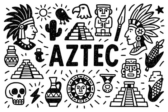 Aztec culture doodle with ancient gods, temples, animals, and traditional symbols, Transparent Background