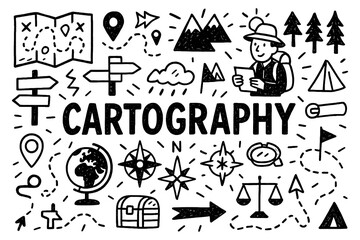 Cartography doodle with maps, compass, globe, and navigation symbols, Transparent Background