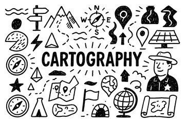 Cartography doodle with maps, compass, globe, and navigation symbols, Transparent Background