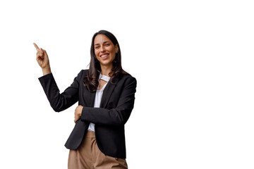 Businesswoman smiling, pointing finger up, indicating direction, presenting copy space on...