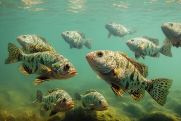 Fototapeta premium Colorful school of fish swimming gracefully in a clear underwater environment