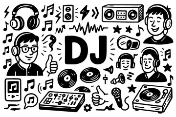 DJ doodle with turntable, headphones, disco ball, and music party elements, Transparent Background
