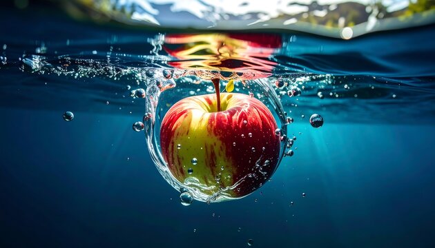 A vibrant red and yellow apple, submerged in water with bubbles and splash effects. The fruit appears fresh and crisp