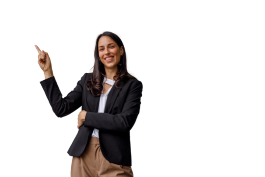Businesswoman smiling, pointing finger up, indicating direction, presenting copy space on transparent background