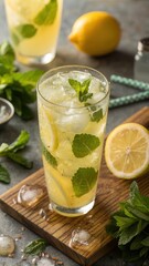 Fototapeta premium Refreshing cold lemonade drink with fresh mint leaves and ice cubes in a glass illustration