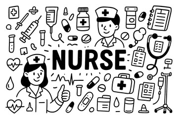 Nurse doodle composition with medical staff, ambulance, and healthcare icons, Transparent Background