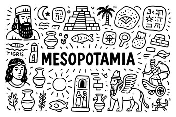 Mesopotamia civilization doodle set with temples, gods, cuneiform tablets, animals, and ancient people, Transparent Background