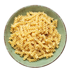 Raw pasta Fusilli in  bowl isolated on white background. Raw and Dry Macaroni. Italian Culture.