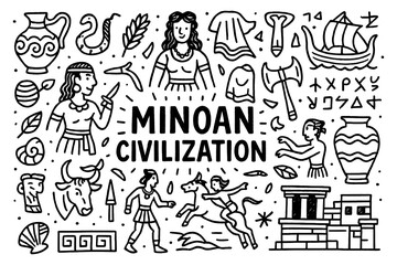 Minoan civilization doodle set with palace, bull, dolphins, pottery, labyrinth, and ancient symbols, Transparent Background
