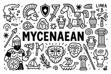 Mycenaean civilization doodle set with warriors, helmets, temples, pottery, and ancient symbols, Transparent Background