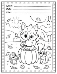 Fototapeta premium Fluffy Friends Coloring Page & Book for Adults and Kid. High resolution (300 DPI), Ready to print on standard 8.5x11-(A4) inch paper With (No Bleed), Black and White. Vector illustration