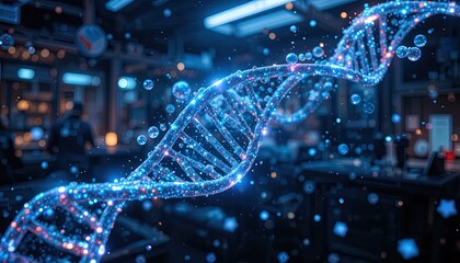 Stunning DNA strand visualization in modern lab setting for science research, genetic engineering, and futuristic medicine concepts with vibrant blue hues
