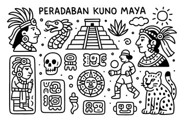 Maya civilization doodle set with temples, ancient symbols, stone heads, and traditional people, Transparent Background