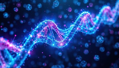 Futuristic DNA strand with glowing particles for cutting-edge research and technology visuals that will add a modern, professional scientific appeal