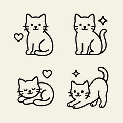 Fototapeta premium Minimal Cat Icon Set — Clean Line Art Cats with Hearts and Stars Monochrome Vector Design
