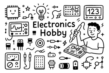 Electronics hobby doodle with circuits, tools, and soldering icons, Transparent Background