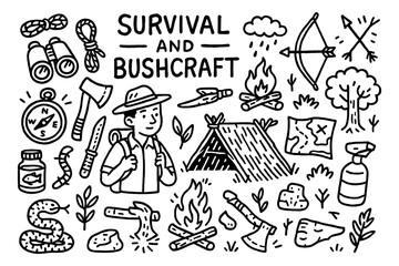 Survival and bushcraft doodle with camping, tools, and outdoor adventure icons, Transparent Background