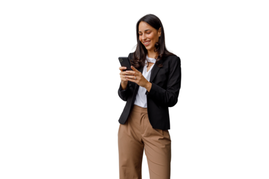 Businesswoman standing using smartphone, smiling and texting, digital communication concept with transparent background