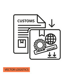 Customs and Export Icon: Document, Box, Globe, and Gear.