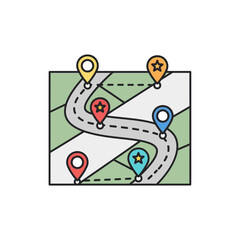 Stylized map with a winding road and multiple colorful location pins, indicating a route or points of interest for travel.