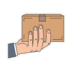 Cartoon illustration of a hand in a business suit holding a small cardboard box.