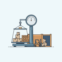 Illustration depicting a large industrial scale weighing various packages, alongside a shipping container and a forklift handling goods, symbolizing logistics and cargo management.
