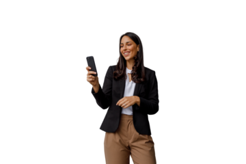 Businesswoman standing, looking at mobile phone, smiling, making video call, on transparent background