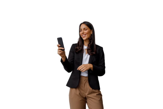 Businesswoman standing, looking at mobile phone, smiling, making video call, on transparent background