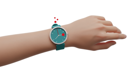 Isolated person wearing a blue-green watch showing a red dot as the second hand, simple style