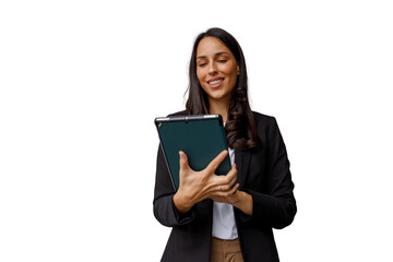 Fototapeta premium Businesswoman standing, smiling and holding a digital tablet. Professional woman using technology on transparent background
