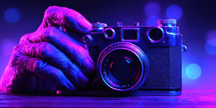 Old hand holding vintage rangefinder camera in neon studio lighting, nostalgic mood and textured detail