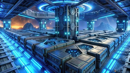 Futuristic high-tech laboratory interior with glowing blue lights and complex machinery for scientific research illustration