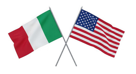 Italian and American flags crossed on poles with black background isolated on a transparent background